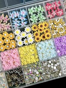 1Box Random Mixed ABS Cute Nail Charms 3D Yellow Bee Sunflower Little Daisy Flower Pearl Y2K Leopard-Print Flowers Round Rhinestone Nail Art Accessories DIY Suitable For Date Parties - 彩色 - 查看 4
