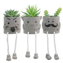 3 件套创意人造多肉植物，搭配灰色花盆，迷你盆栽多肉植物，适合家庭办公桌装饰和礼物选择