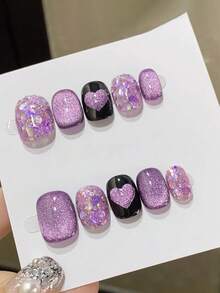 10 móng tay giả thủ công nguyên chất, hình vuông ngắn, màu hồng và tím, phong cách Y2K dễ thương, ngọt ngào và cá tính, họa tiết ngôi sao tình yêu, thích hợp cho nữ và bé gái mùa xuân, hè, thu, đông, tiệc Halloween và sử dụng hàng ngày. - Màu tím - Xem 1