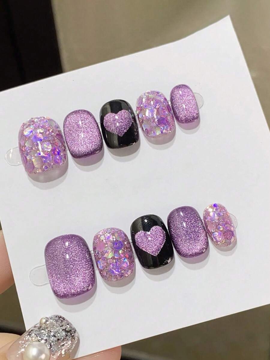 10 móng tay giả thủ công nguyên chất, hình vuông ngắn, màu hồng và tím, phong cách Y2K dễ thương, ngọt ngào và cá tính, họa tiết ngôi sao tình yêu, thích hợp cho nữ và bé gái mùa xuân, hè, thu, đông, tiệc Halloween và sử dụng hàng ngày. - Màu tím - Xem 1