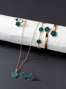 6pcs Vintage Gold Plated Carved 5-Petal Flower Pendant Necklace Bracelet Ring Earrings Jewelry Set For Women [Random Tassel - Green 2 - 查看 12