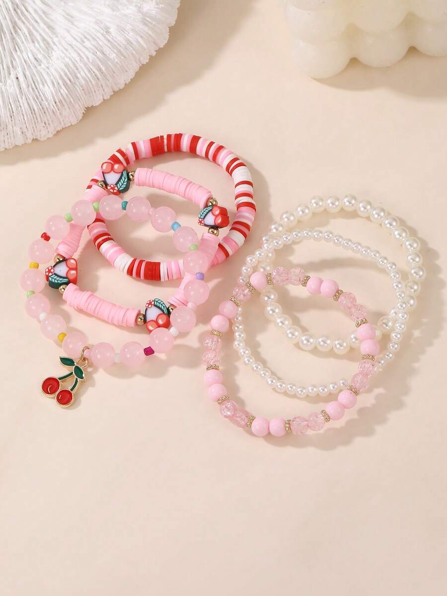 6pcs/Set Girls' Soft Clay Faux Pearl Beaded Cherry Bracelet Set, Suitable For Teenagers - Multicolor - View 1