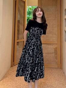 Fake dos piezas versión coreana del vestido floral de verano de moda femenina suelta empalme delgado en la sección larga de manga corta pequeño vestido negro sub - Negro - Ver 3