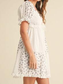Women's Floral Print Maternity Dress Bow Tie Front Ruffled Trim V Neck Short Sleeve A-Line Mini Dress For Spring/Summer - White - View 2