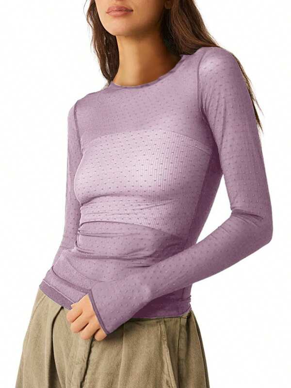 Women Basic Mesh Tops Casual Swiss Dot Sheer Long Sleeve Shirt Blouses For Club Streetwear Aesthetic Clothes
