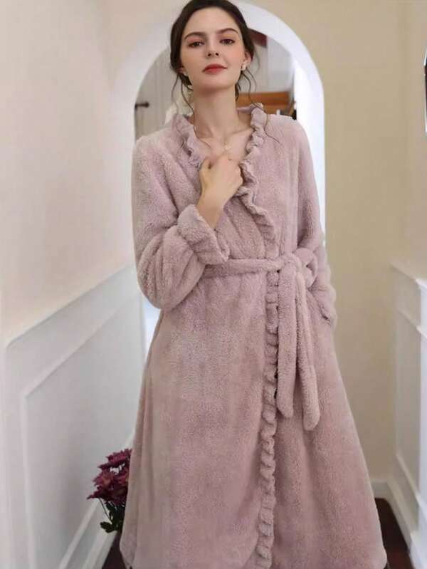 1pc Rose Design Bathrobe For Women ,Elegant French Style Bathrobe With Pocket & Belt,Super Soft, Durable Luxury Spa, Resort & Hotel Home Use Bathrobe,Gift For Women And Girls