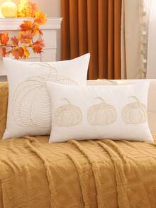 Federa decorativa per cuscino da lancio per il Ringraziamento, tela con ricamo di zucca e corda, adatta per soggiorno, camera da letto, Ognissanti, autunno, colore crema - Beige - Visualizzare 3