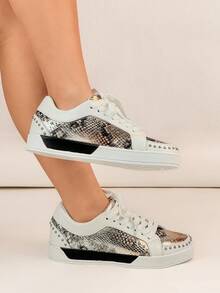 Spring/Summer New Flat Snake Skin Pattern Genuine Leather Casual White Sneakers, Versatile Sport Shoes - WHITE & SILVER - View 5