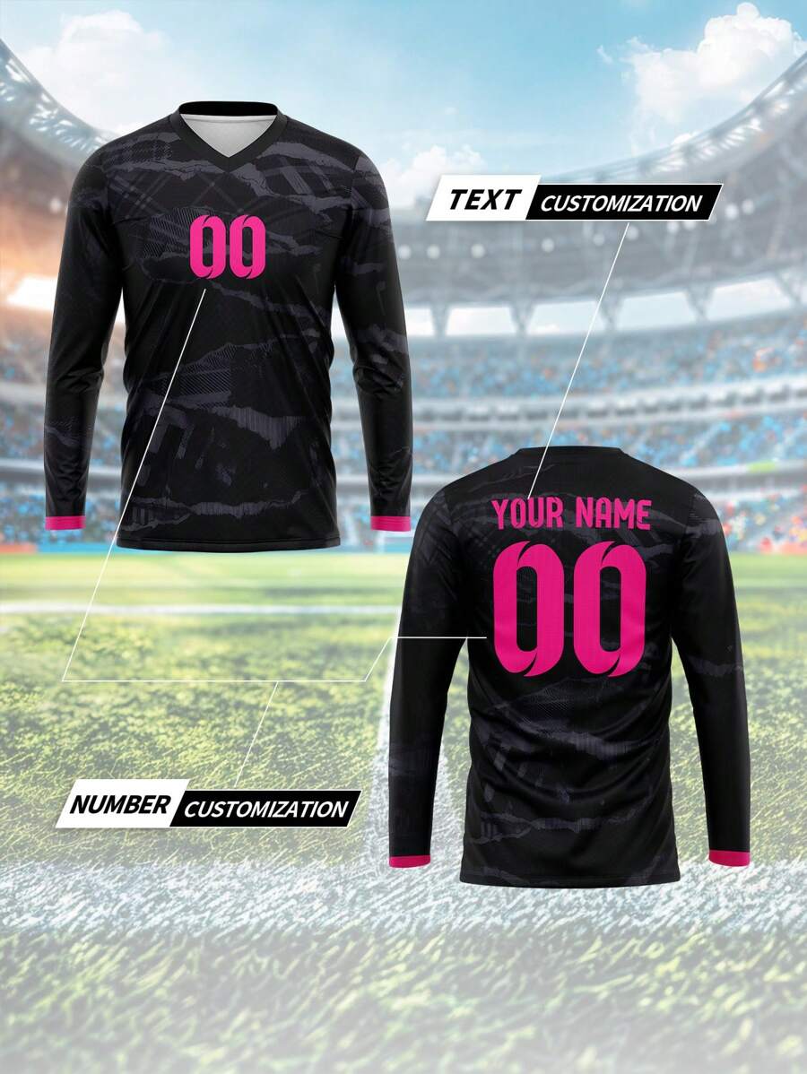 2025 定制运动球衣，新款秋季户外速干单件上衣，男士运动队俱乐部训练 V 领足球衫长袖，前后印有姓名、号码、标志，搭配男士白色 100% 纯棉长袖 T 恤，短袖休闲舒适，适合日常、派对、聚会 - 彩色 - 查看 1