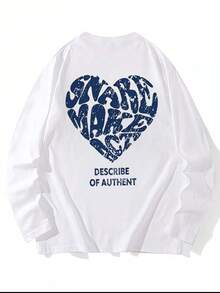 心形印花长袖圆领 T 恤，休闲宽松百搭女式上衣，秋季