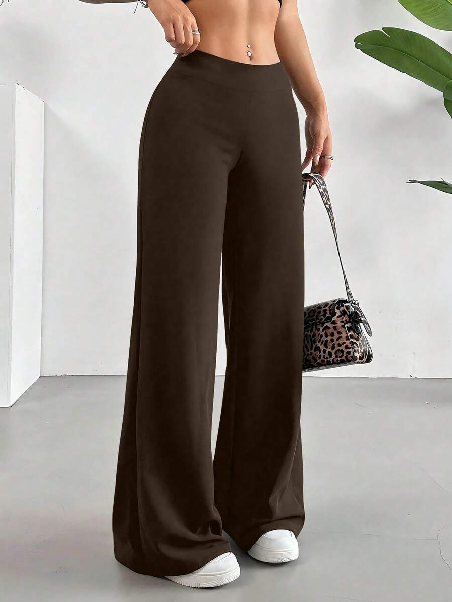 Solid High Rise Flared Straight Leg Pants