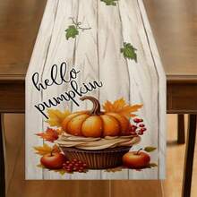 1pc Autumn Gratitude Sister Theme Table Runner - Pumpkin With Green Leaves And Black Grid Design, Suitable For Holiday Parties, Kitchen Dining, Home Decoration, Durable Polyester Material Holiday Table Decoration, Holiday Table Decoration, Autumn Harvest Theme Decoration, Bow Decoration, Autumn And Thanksgiving Decoration.