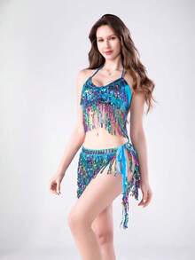 Nouveau costume de danse du ventre, robe de danse à sequins et à franges, tenue de compétition de scène, accessoires de danse - Multicolore - Voir 22