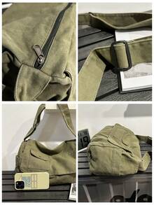 1pc Military Green Vintage Minimalist Flap Shoulder Bag, Thick Washed Canvas Casual Versatile Large Capacity Messenger Bag, American College Style, Suitable For School, Short Trip, Simple Street Bag - Army Green - View 9
