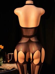 1 件大码女式性感内衣渔网连体衣，露背深 V 领，开裆连体衣，镂空透视，比基尼罩衫，适合派对之夜角色扮演，情人节