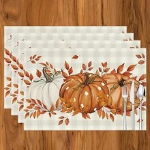 1 pieza/4 piezas/6 piezas Manteles individuales de lino con estampado de calabaza, decoración de Acción de Gracias, adecuados para mesa de comedor, todo el año, manteles de mesa modernos lavables, decoración del hogar, manteles individuales, posavasos, alfombrillas de cocina y comedor, decoraciones de fiesta interior y exterior, regalo ideal