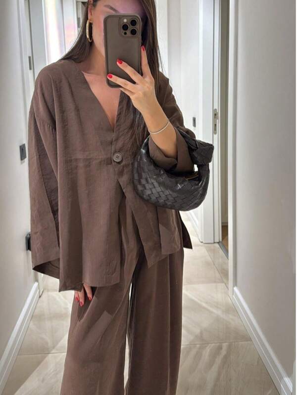 2pcs Set Deep V-Neck Long Sleeve Shirt With Pockets, Elastic Waist Pants, Asymmetric Hem Blouse, Comfortable Commuting French Casual Outfit, Suitable For Teachers Back To School Season