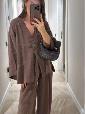 2pcs Set Deep V-Neck Long Sleeve Shirt With Pockets, Elastic Waist Pants, Asymmetric Hem Blouse, Comfortable Commuting French Casual Outfit, Suitable For Teachers Back To School Season