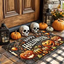 1 buc. Covoraș de intrare cu imprimeu de dovleac pentru decor de casă de Halloween, moale, antiderapant, absorbant, lavabil, pentru bucătărie, covor pentru atmosferă de sărbătoare, covor dreptunghiular cu fire scurte pentru intrarea în camera de zi, dormitor, bucătărie, spălătorie, baie