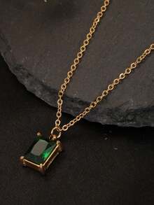 1件不锈钢长方形绿色锆石吊坠，人造玉石，适合女士参加派对和日常佩戴 - 金色 - 查看 6