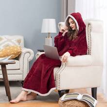 2 件成人可穿戴毛毯连帽衫，超大口袋可穿戴睡衣，厚实保暖可穿戴连帽运动衫毛毯，柔软毛绒连帽运动衫流行上衣均码，圣诞节、新年送给朋友、家人的绝佳礼物 - 純色毛邊 - 查看 6