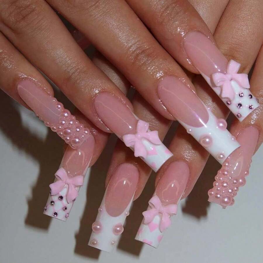 Pink Press On Nails Artificail Long, French Square Nails Pearl, Nails Acrylic Women Reusable Nail Kit Adhesive Tabs Nail File 24pcs - Hồng - Xem 1