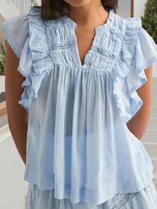 Women's Summer Loose Tank Tops Solid Color Lace Trim Flying Sleeve V-Neck Loose Fit Vest Streetwear - Blue - View 5