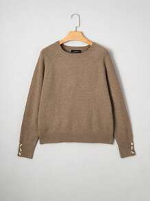 Acelitt 女士驼色纽扣泡泡袖极简圆领针织衫，秋季 - 卡其色 - 查看 5