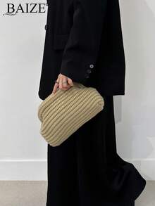 ENBEI BAIZE 優雅條紋拼接手拿包 - 大容量化妝包、多功能女款沙灘包、度假包、鉤編女款手拿包、夏季錢包、優雅女款包包、假期必備，適合日常使用與度假場合，母親節禮物、婚禮季紀念包 - 卡其色 - 查看 3