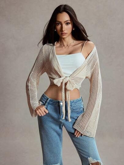 女士新款米色长袖喇叭袖口系带下摆镂空半透明罩衫，时尚休闲性感简约度假派对宽松外出针织开衫，春夏秋冬