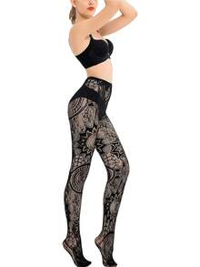 CLAGAINER 6pcs/3pcs/1pc 2024 New Fashion Girls' Fishing Net Stockings, Sexy Tattoo Lace Stockings, Jacquard Lace Cutout Pantyhose - Black - View 7