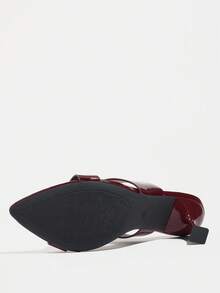 Women's High Heels, Fashionable For Spring/Summer Parties, Outdoor Events, Elegant Banquets. Featuring Pointed Toe, Sparkling Z-Strap Design, Soft Mirror-Finish Material, Comfortable Slip-On Mule Style, Versatile For Formal, Casual, Travel Wear. Available In Burgundy Color. - Burgundy - View 8