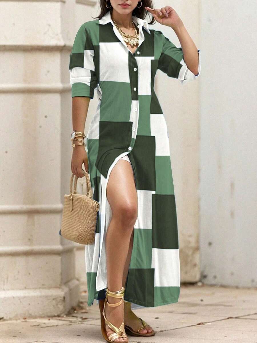 Đầm thời trang nữ tay dài cài nút phía trước ve áo nhiều màu, họa tiết ngẫu nhiên - màu xanh lá - Xem 1
