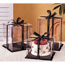 1pc Black Transparent Plastic Display Box With Ribbon, Suitable For Cakes, Baked Goods, Desserts, Birthdays, Christmas And Thanksgiving - Black - View 1