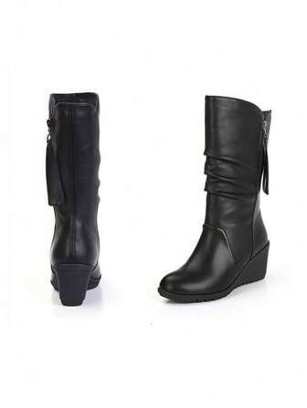 Women's Platform Wedge Mid-Calf Boots, New Autumn/Winter Black Slip-On Short Boots & Ankle Boots, Versatile Pleated Boots, High Heel Boots, Zipper Decor Knee-High Boots