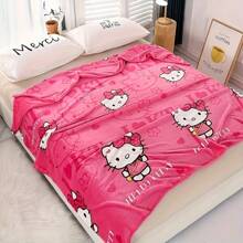 Sanrio 1 Stück Sanrio Hello Kitty Plüschdecke - Weicher Flanell 300-350g/m², rot mit rosa Blumen-Herz- und Schleifen-Design, geeignet für Büro, Sofa, Auto