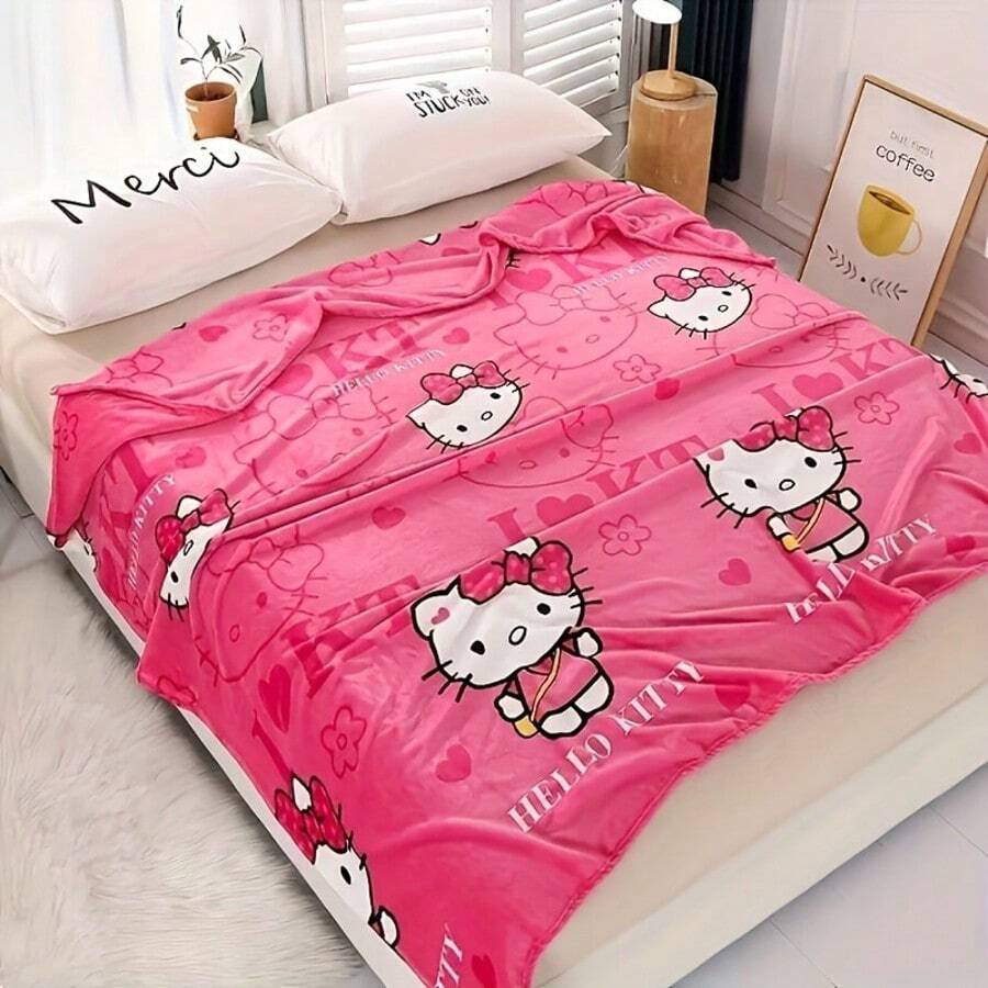 Sanrio 1 Stück Sanrio Hello Kitty Plüschdecke - Weicher Flanell 300-350g/m², rot mit rosa Blumen-Herz- und Schleifen-Design, geeignet für Büro, Sofa, Auto