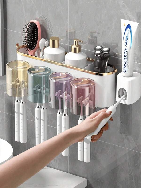 1 Set Zahnbürstenhalter mit 2 oder 4 Bechern und Zahnpastaausdrücker, kreative Badezimmer Wandorganisation zum Zähneputzen und Aufbewahrung. Die Farbe der Becher (Grau, Blau, Lila, Pink, Gelb) ist zufällig und stimmt möglicherweise nicht mit der Darstellung überein, was ein normales Phänomen ist. Badezimmer Dekoration, Herbstdekoration, Schulanfang