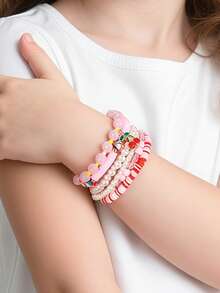6pcs/Set Girls' Soft Clay Faux Pearl Beaded Cherry Bracelet Set, Suitable For Teenagers - Multicolor - View 3