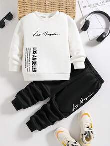 幼儿字母印花保暖圆领卫衣和裤子套装 - 白色 - 查看 1
