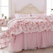 Romantic Roses Print Duvet Cover Set With Bed Skirt Pink Lace Ruffle Floral Shabby Chic King 4 Piece Bedding Set - 粉色 - 查看 6