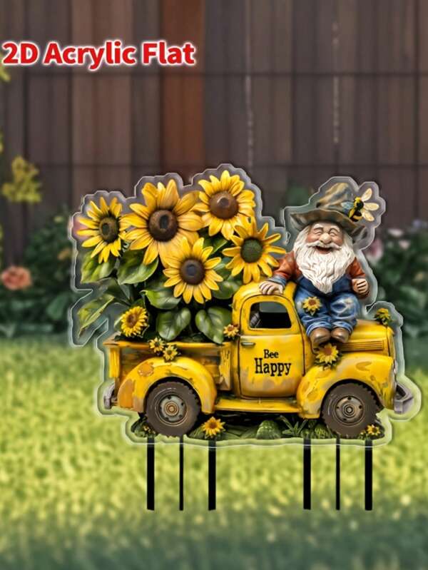 1pc Acrylic Flat Printed Sunflower Truck Decor Stake, Suitable For Christmas, Nature And Outdoor Themes, Freestanding Flowerbed Decoration, Multifunctional Yard Art For Garden Landscape Accessories