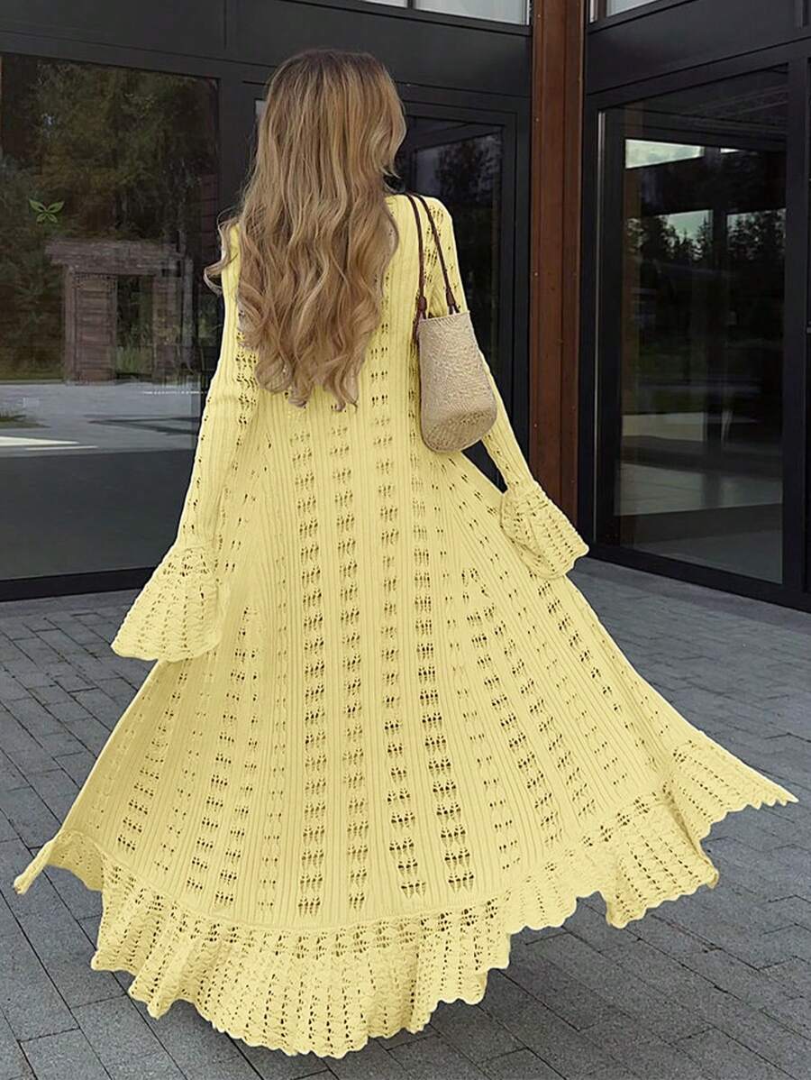 Apperloth A Apperloth Un nuevo llegado Elegante suéter ligero Cárdigan de punto de mujer Cuello bajo Mangas acampanadas Sólido Calado Botón delantero Tops largos para vacaciones Uso casual diario Primavera/Verano