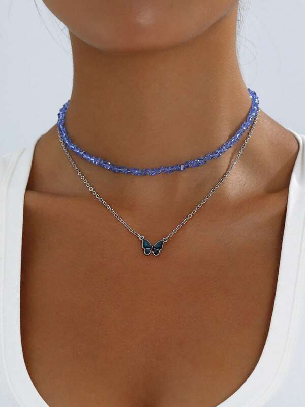 1pc Women's Fashion Titanium Steel Thermochromic Butterfly Necklace, Multi-Faceted Glass Crystal Collarbone Chain, Versatile Design