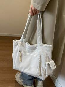 1个字母贴布装饰纯色大容量灯芯绒单肩手提包，多口袋购物袋，适合上学、大学必备，完美搭配女士秋季服装