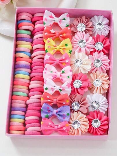110 piezas/Set Lazos de pelo multicolor para niñas, bandas elásticas de pelo simples, scrunchies suaves, accesorios de pelo lindos, pasadores de pelo con flores de rhinestone, pasadores, versátiles para uso diario, regalo