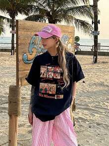 200g Pure Cotton T-Shirt 2025 Summer Ladies New Short Sleeve Pure Cotton Holiday Pattern Short Sleeve Round Neck Couple Wear Small Shirt Tops - 藏蓝色 - 查看 2
