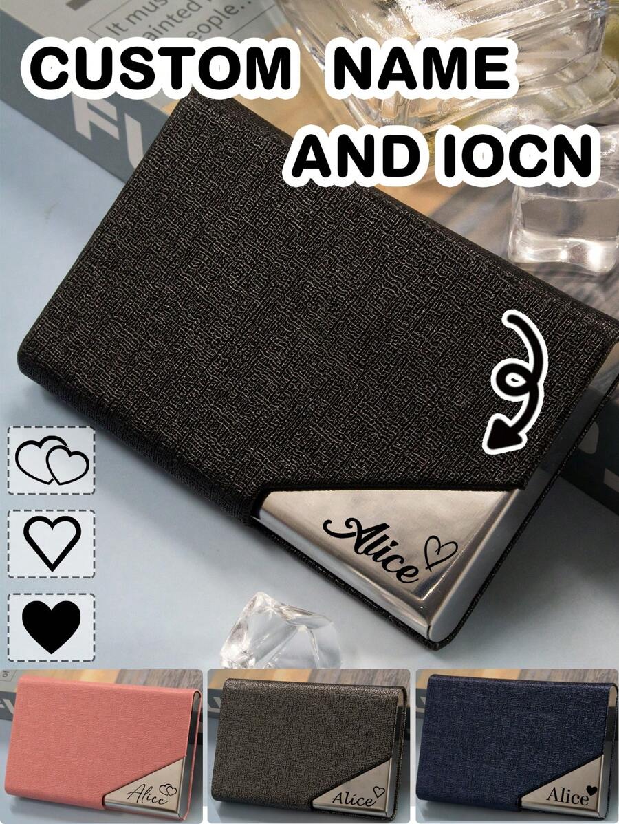 定制带姓名的名片夹、个性化名片夹、定制名片整理器、可定制皮革名片夹、女士信用卡夹、卡夹钱包、生日礼物、情人节礼物、男女通用、时尚、便携、父亲、老板、同事、母亲、朋友