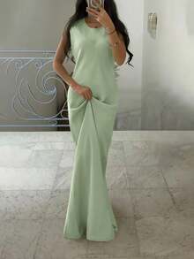 ANCHOSE Women's Middle Eastern Elegant Sleeveless Maxi Dress And Bowknot Long Cardigan Two Pieces Set - Bean Paste Green - View 6