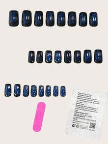 24片哥特式方形美甲贴纸套装，蓝色星空图案，金色星星点缀，中等长度，亮面，可卸美甲套装，适合女性和女孩，包含甲油胶和指甲锉。 - 綠色 - 查看 5